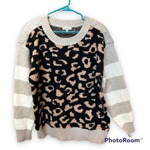 White Birch Leopard Print Striped Knit Sweater